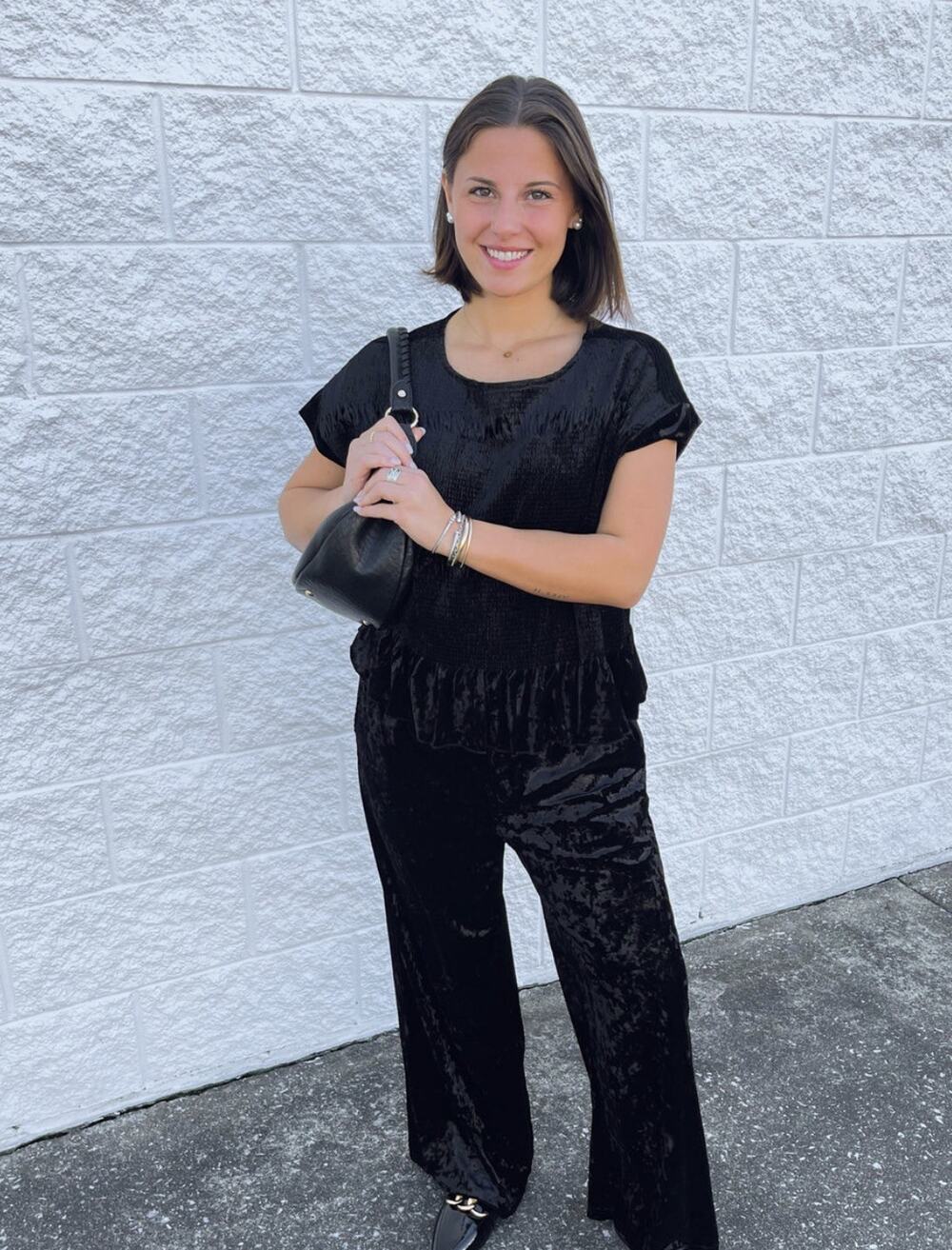 Umgee Women’s Large Matching Set Velvet Smocked Pant And Tops Boho Black Lounge